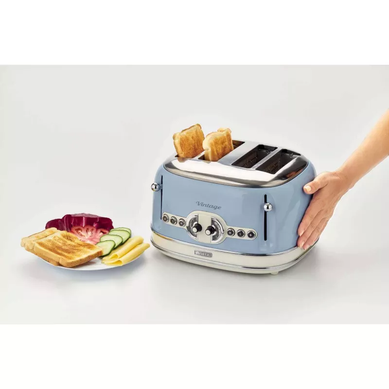 Torradeira Ariete 156 4 fatias Vintage, 1600 Watt, 6 níveis de tostagem, aço inoxidável lacado em azul pastel, sem cestos para sanduíches. Azul