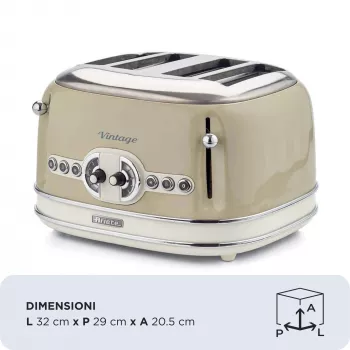 Torradeira Ariete 156 4 fatias Vintage, 1600 Watt, 6 níveis de tostagem, aço inoxidável lacado em bege pastel, sem pinças para sanduíches