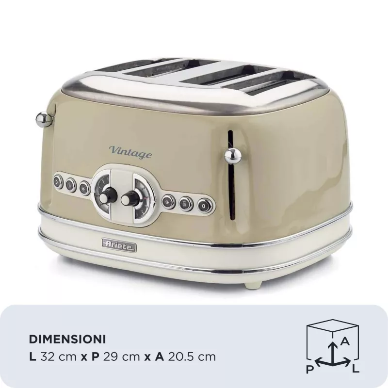 Torradeira Ariete 156 4 fatias Vintage, 1600 Watt, 6 níveis de tostagem, aço inoxidável lacado em bege pastel, sem pinças para sanduíches