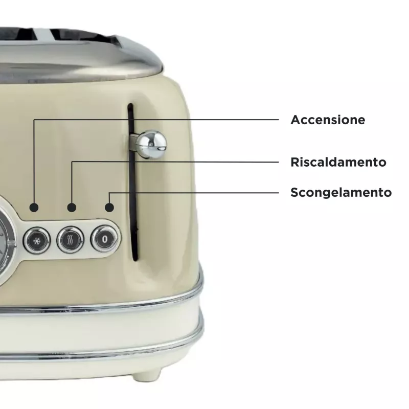 Torradeira Ariete 156 4 fatias Vintage, 1600 Watt, 6 níveis de tostagem, aço inoxidável lacado em bege pastel, sem pinças para sanduíches