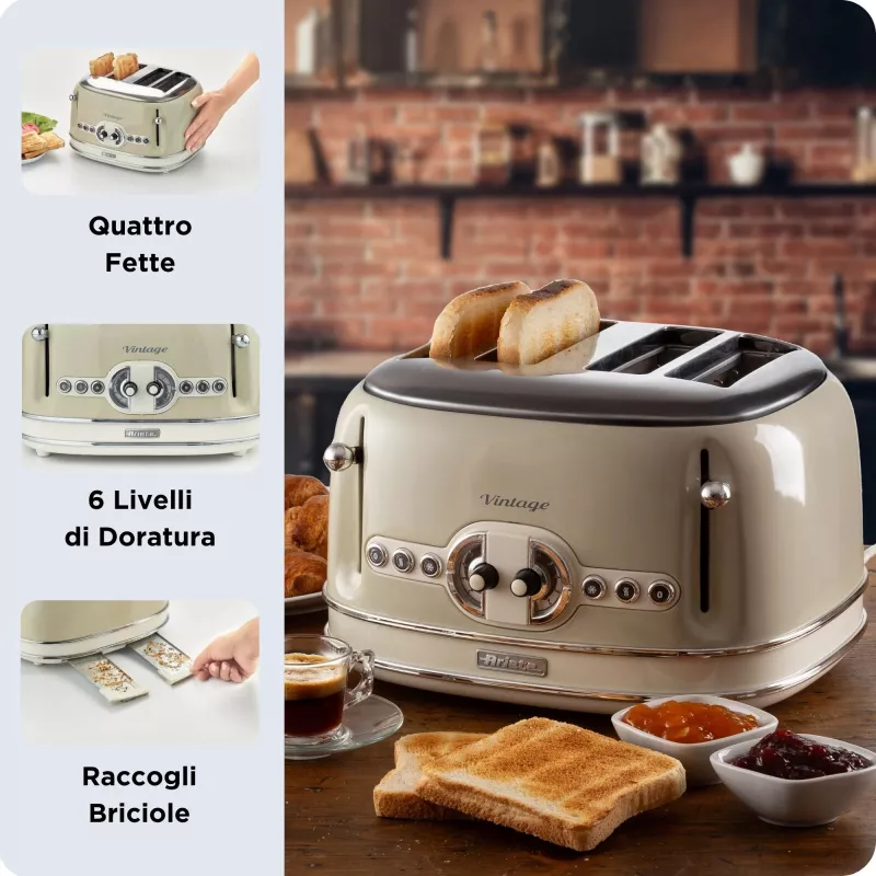 Torradeira Ariete 156 4 fatias Vintage, 1600 Watt, 6 níveis de tostagem, aço inoxidável lacado em bege pastel, sem pinças para sanduíches
