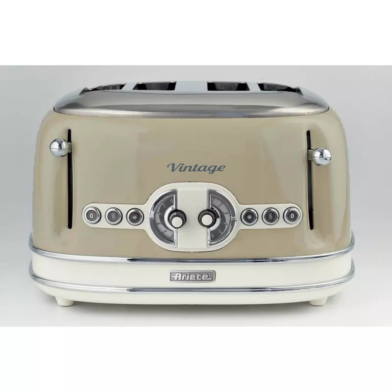 Torradeira Ariete 156 4 fatias Vintage, 1600 Watt, 6 níveis de tostagem, aço inoxidável lacado em bege pastel, sem pinças para sanduíches