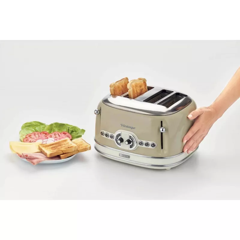 Torradeira Ariete 156 4 fatias Vintage, 1600 Watt, 6 níveis de tostagem, aço inoxidável lacado em bege pastel, sem pinças para sanduíches