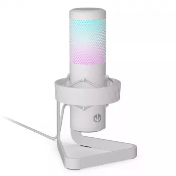 Microfone para PC ENDORFY AXIS Streaming White — USB, cardióide, 30–18 kHz, 192 kHz/24 bits, suporte de mesa, silenciamento, saída para auscultadores