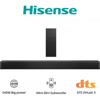Barra de som Hisense HS2100, 2.1 canais, 240 W, DTS Virtual:X, Dolby Digital Plus
