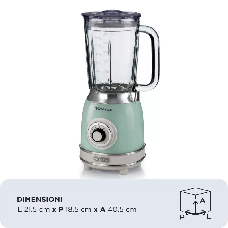 Ariete 583, liquidificadora vintage com jarro de vidro de 1,5 litros, 4 lâminas em aço inoxidável, 4 velocidades + pulse, 1000 Watt, verde