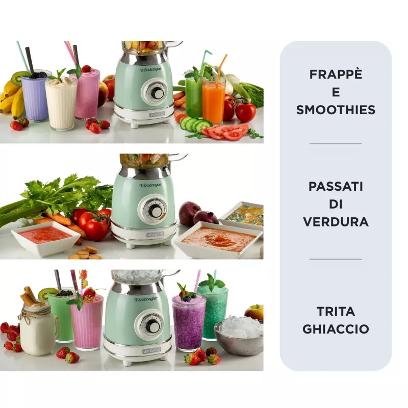 Ariete 583, liquidificadora vintage com jarro de vidro de 1,5 litros, 4 lâminas em aço inoxidável, 4 velocidades + pulse, 1000 Watt, verde