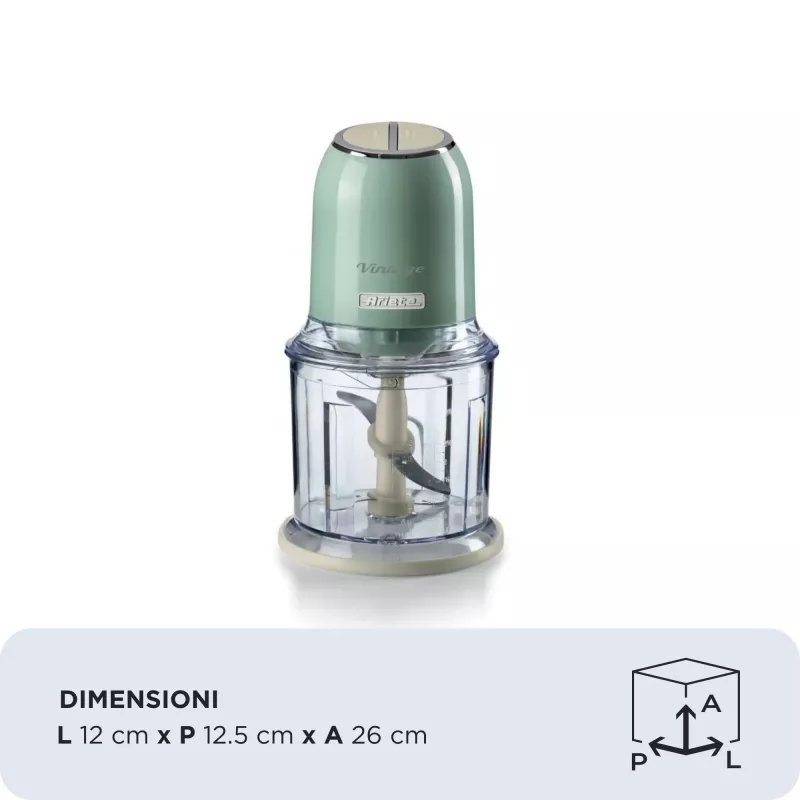 Ariete 438, picadora vintage, picadora e trituradora de gelo, 2 velocidades, 4 lâminas em aço inoxidável, copo medidor de 600 ml, 400 W, verde