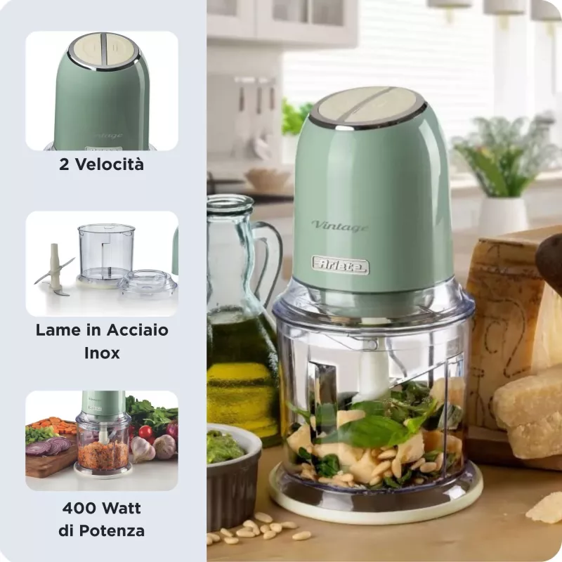 Ariete 438, picadora vintage, picadora e trituradora de gelo, 2 velocidades, 4 lâminas em aço inoxidável, copo medidor de 600 ml, 400 W, verde