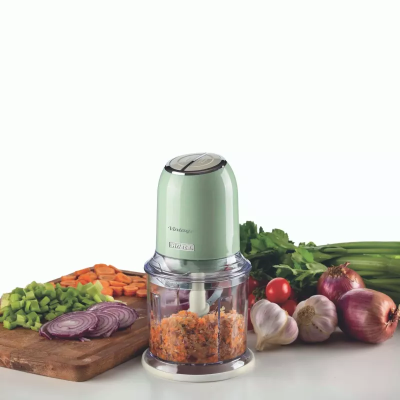 Ariete 438, picadora vintage, picadora e trituradora de gelo, 2 velocidades, 4 lâminas em aço inoxidável, copo medidor de 600 ml, 400 W, verde