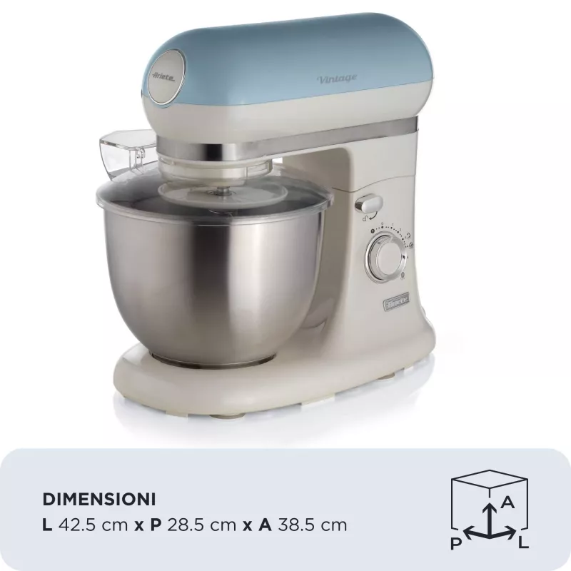 Batedeira Ariete 1588 Vintage, batedeira planetária para pão, pizza, bolos e pastelaria, capacidade de 5,5 l, 7 velocidades, 2400 Watt, azul pastel