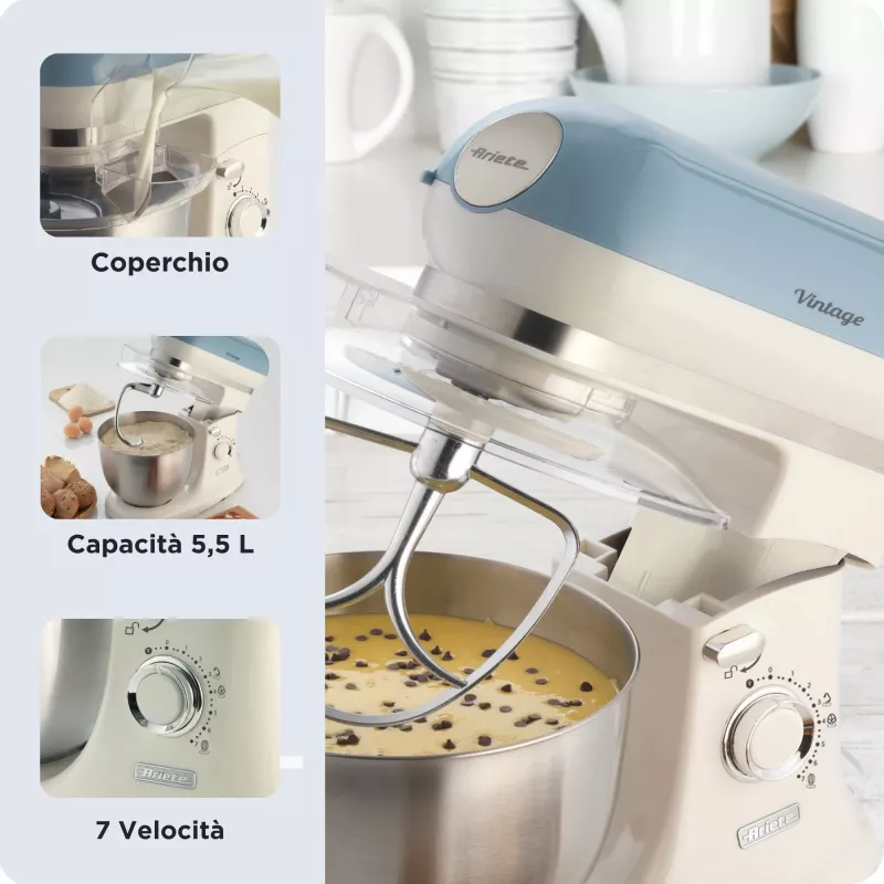 Batedeira Ariete 1588 Vintage, batedeira planetária para pão, pizza, bolos e pastelaria, capacidade de 5,5 l, 7 velocidades, 2400 Watt, azul pastel