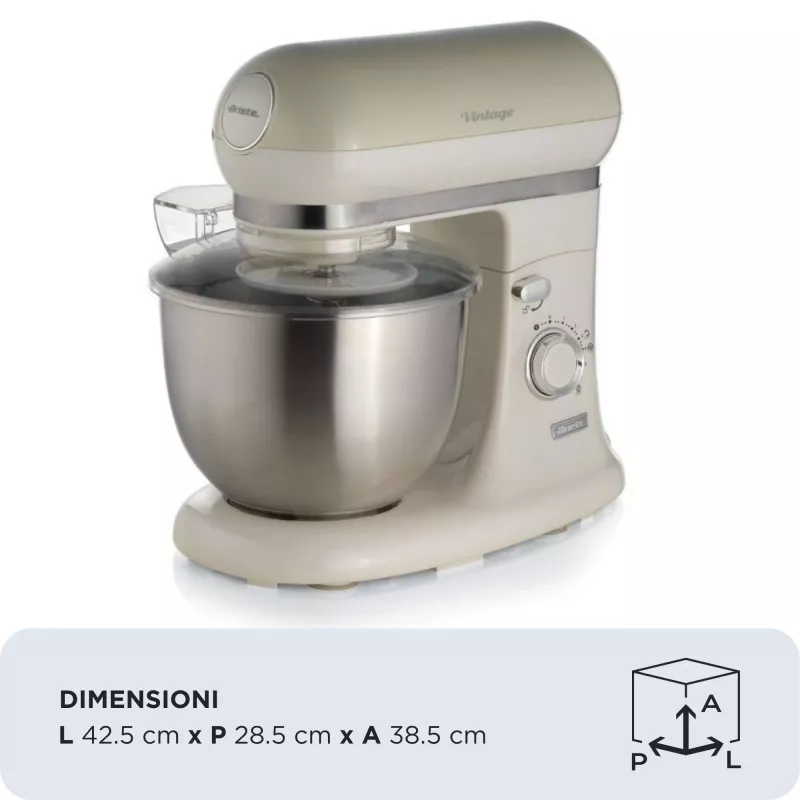 Batedeira Ariete 1588 Vintage, batedeira planetária para pão, pizza, bolos e pastelaria, capacidade de 5,5 L, 7 velocidades, 2400 Watt, bege pastel