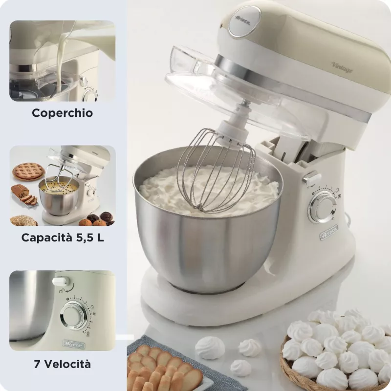 Batedeira Ariete 1588 Vintage, batedeira planetária para pão, pizza, bolos e pastelaria, capacidade de 5,5 L, 7 velocidades, 2400 Watt, bege pastel