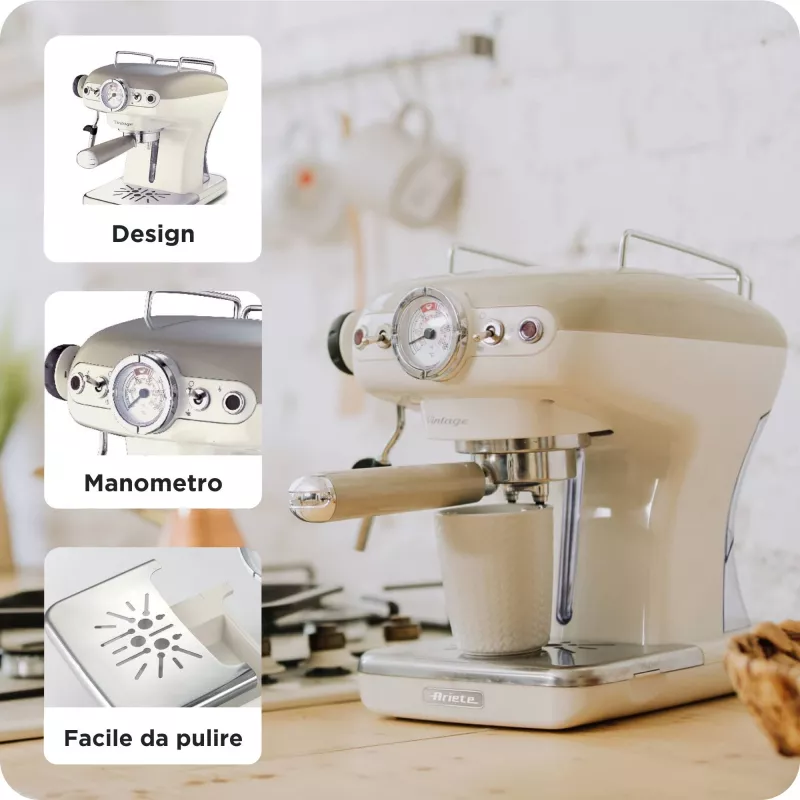 Máquina de café expresso Ariete 1389 Vintage - máquina de café expresso para café moído ou cápsulas ESE, cor bege pastel