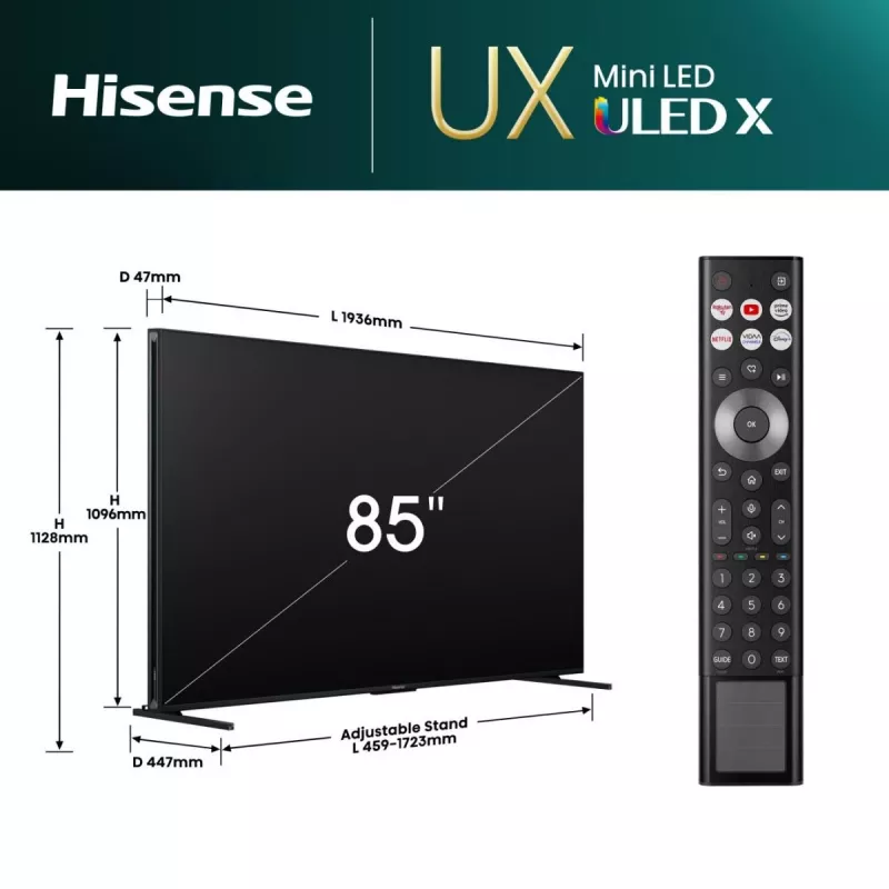 Hisense 85UXNQ televisor QLED 4K Ultra HD de 215 cm (85 polegadas), 120 Hz, AMD FreeSync, triplo sintonizador, preto