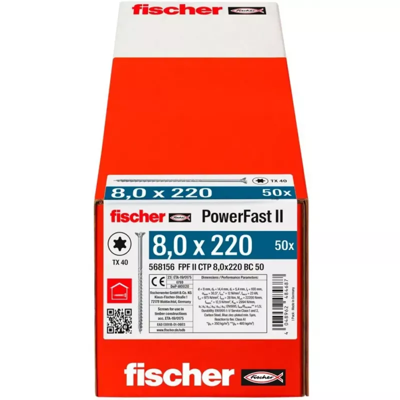 Parafuso para madeira FISCHER PowerFast II 8,0 x 220 mm Cabeça escareada TX galvanizado