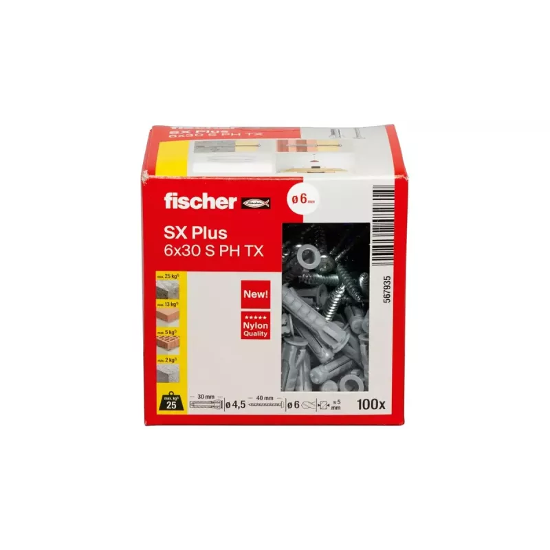 Conjunto de parafusos e buchas Fischer 567935 100 unid. Nylon 6 mm furo