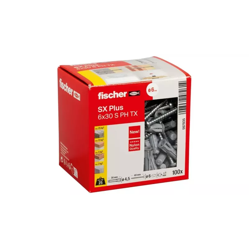 Conjunto de parafusos e buchas Fischer 567935 100 unid. Nylon 6 mm furo