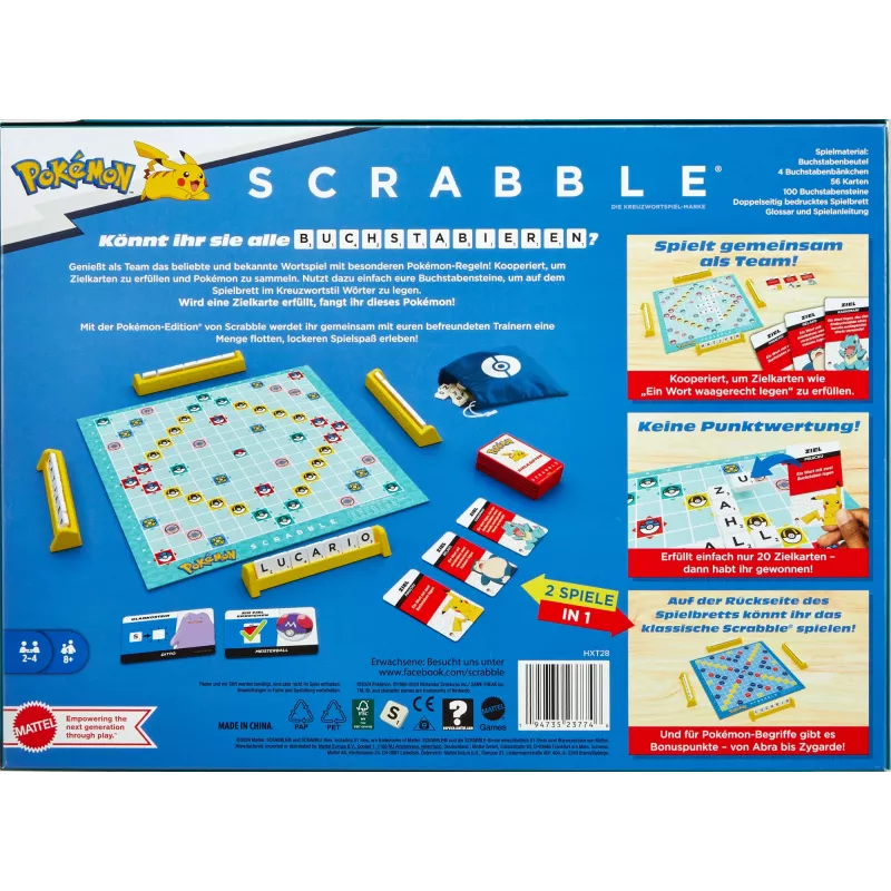 Jogo Scrabble Pokémon Jogo de tabuleiro, jogo de família clássico com duas variantes para 2-4 jogadores, edição alemã