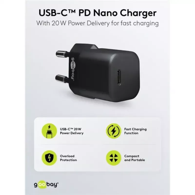 Carregador GOOBAY 61083 20W PD com cabo de 1 m — fonte de alimentação USB-C, 20 W de potência