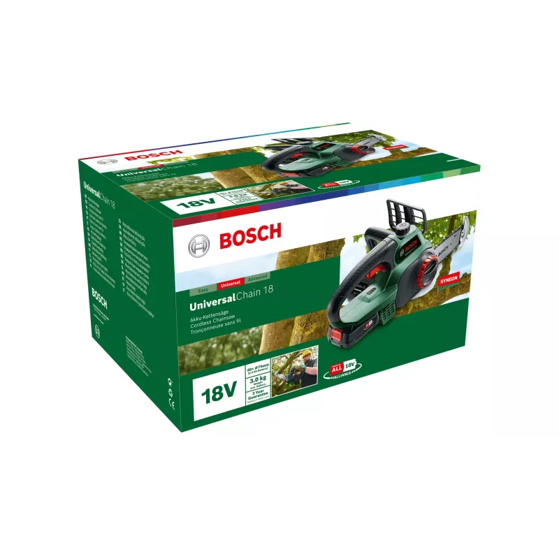 Motosserra a bateria Bosch UniversalChain 18 — lâmina de 13,5 cm, comprimento de corte de 20 cm, bateria de 2,5 Ah, 3 kg