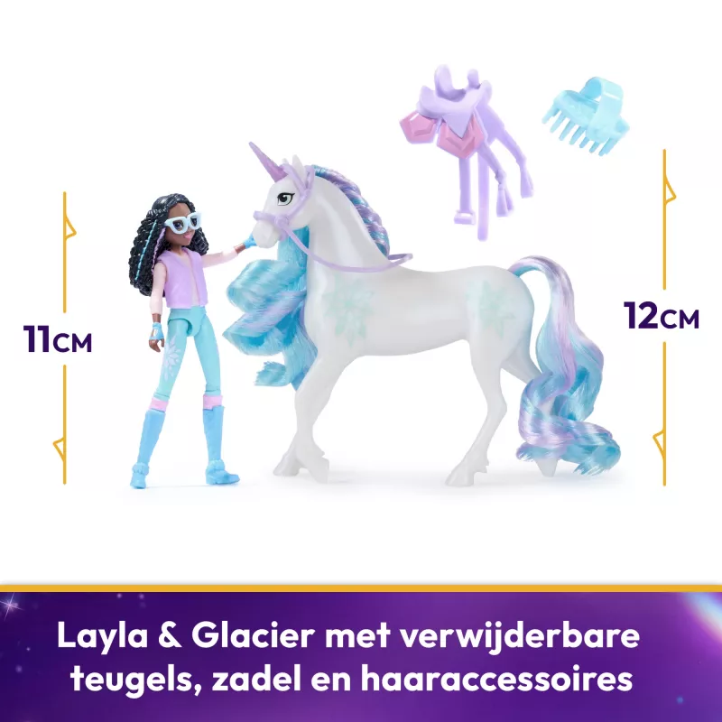 Unicorn Academy, Layla & Glacier com 2 acessórios e ferramenta de cabelo, bonecas e brinquedo de unicórnio para raparigas a partir dos 4 anos