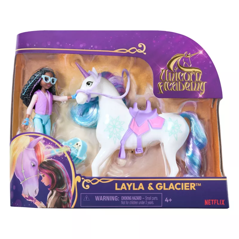 Unicorn Academy, Layla & Glacier com 2 acessórios e ferramenta de cabelo, bonecas e brinquedo de unicórnio para raparigas a partir dos 4 anos
