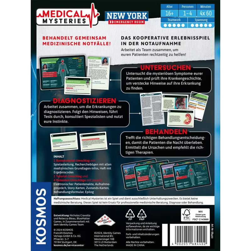 Kosmos Medical Mysteries - New York Emergency Room 60 Min Jogo de tabuleiro Dedução