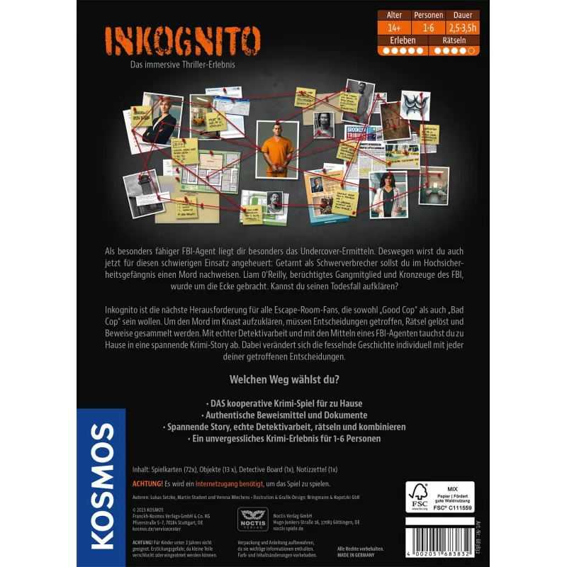 Kosmos Masters of Crime - Inkognito 150 min Jogo de tabuleiro Detetive