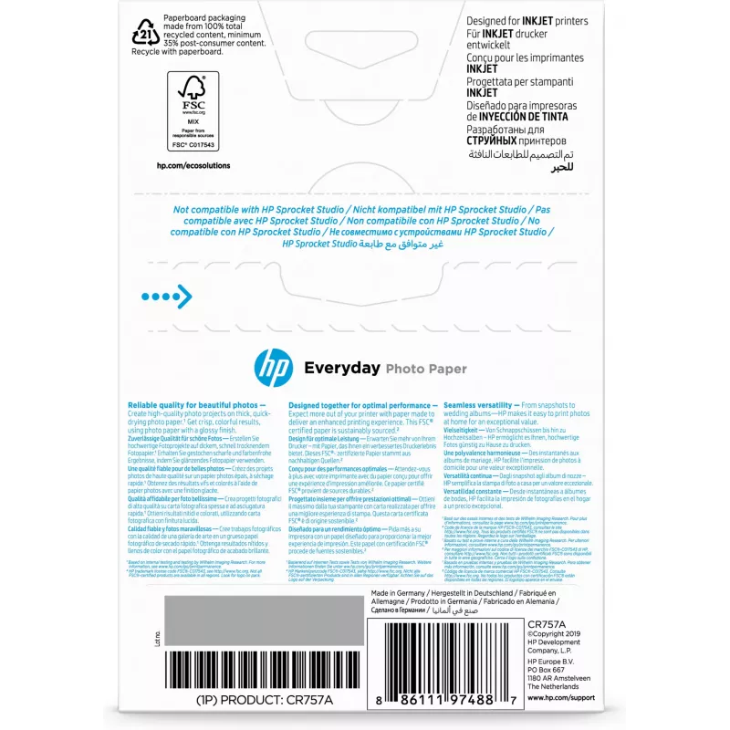 HP Papel fotográfico Everyday, brilhante, 200 g/m², 10 x 15 cm (101 x 152 mm), 100 folhas