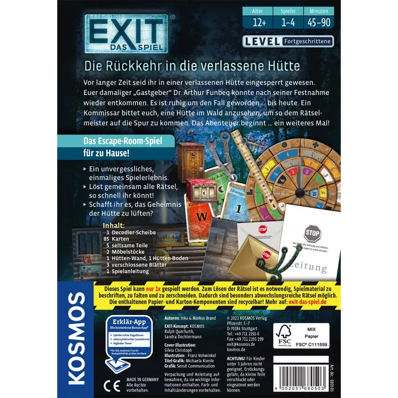 Kosmos EXIT - Die Rückkehr in die verlassene Hütte jogo de tabuleiro de escape, 1-4 jogadores, 12+ anos, jogo familiar