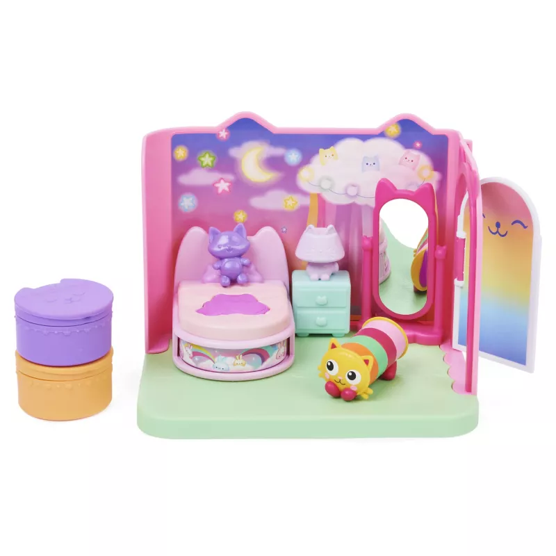 Gabby's Dollhouse, Quarto Bons Sonhos com figura Pillow Cat e 3 acessórios, 3 móveis e 2 entregas, brinquedo para crianças a partir dos 3 anos