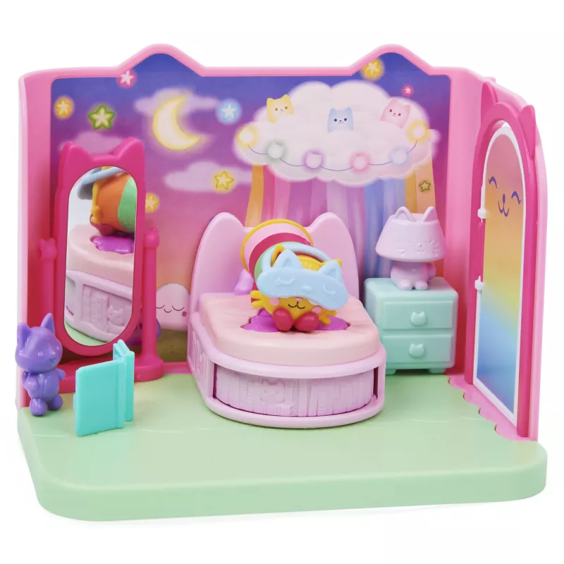 Gabby's Dollhouse, Quarto Bons Sonhos com figura Pillow Cat e 3 acessórios, 3 móveis e 2 entregas, brinquedo para crianças a partir dos 3 anos