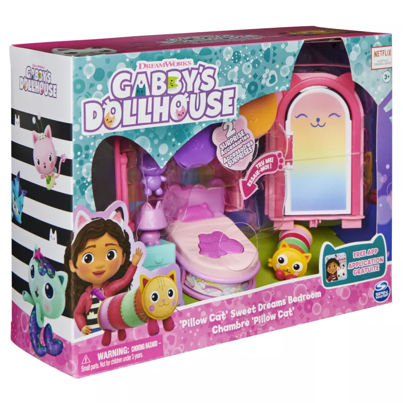 Gabby's Dollhouse, Quarto Bons Sonhos com figura Pillow Cat e 3 acessórios, 3 móveis e 2 entregas, brinquedo para crianças a partir dos 3 anos