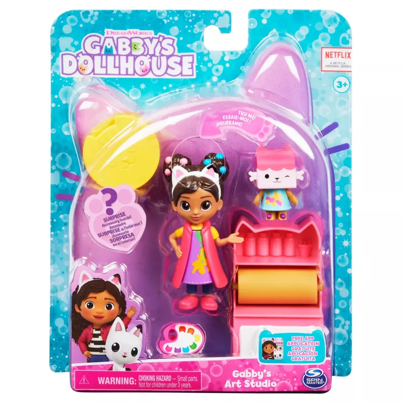 Gabbys Dollhouse, Conjunto Atelier de Arte com 2 figuras, 2 acessórios, entrega e móvel, brinquedo para crianças a partir dos 3 anos