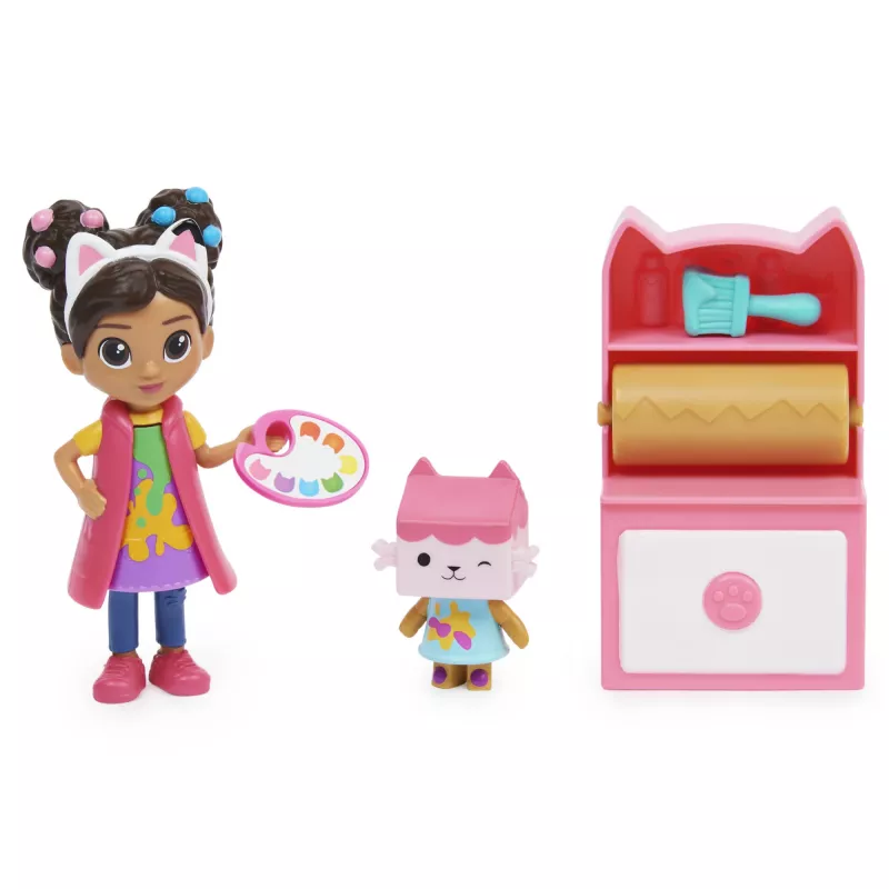 Gabbys Dollhouse, Conjunto Atelier de Arte com 2 figuras, 2 acessórios, entrega e móvel, brinquedo para crianças a partir dos 3 anos