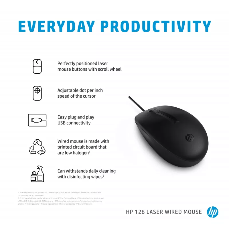 HP 128 Rato com fio laser, ambidestro, laser, USB Type-A, 1200 DPI, preto