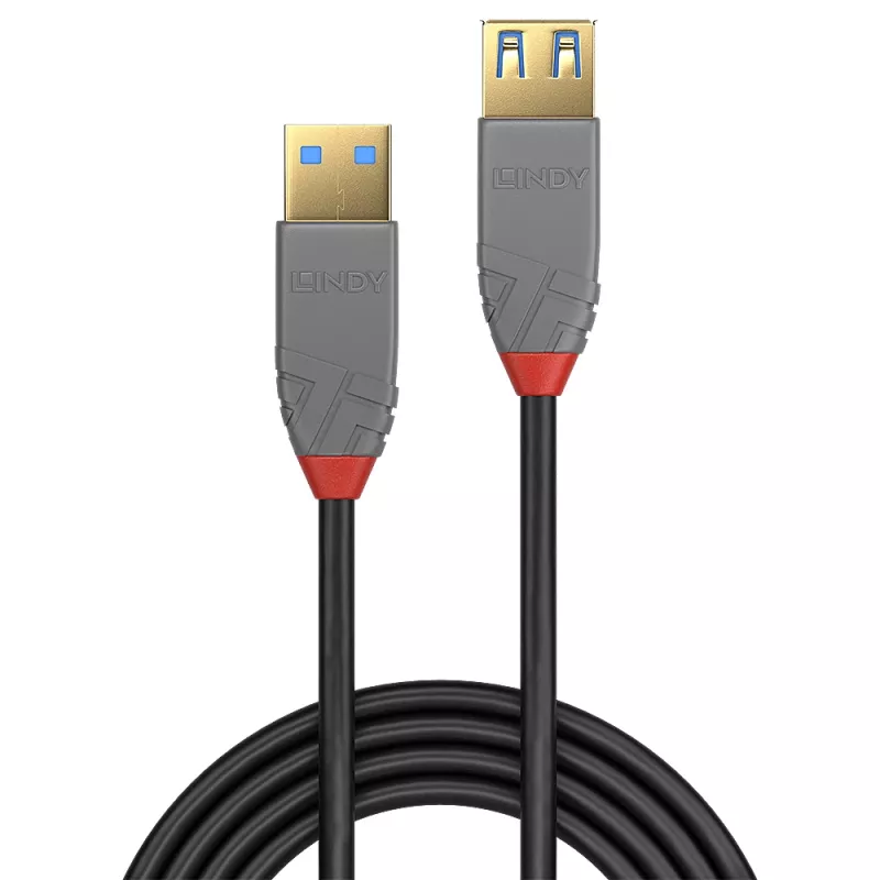 Lindy 36762 Anthra Line cabo de extensão USB 3.2 Gen 1 Type A, USB-A macho para USB-A fêmea, 5 Gbps, 2 m, preto/cinzento