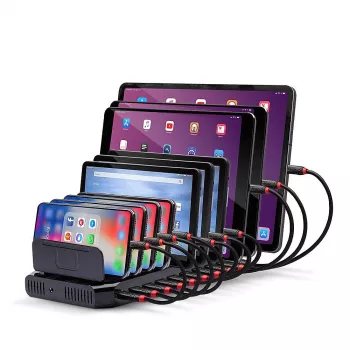 Lindy estação de carregamento USB de 96W com 10 portas, autónoma, plástico, preto, contacto, com todos os dispositivos USB Type-A, alimentação