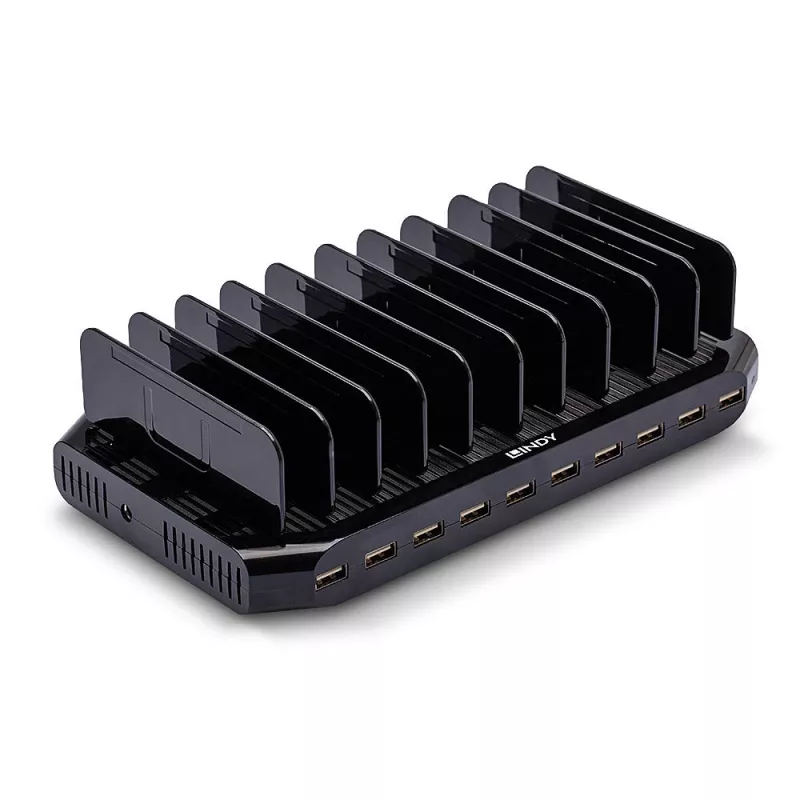 Lindy estação de carregamento USB de 96W com 10 portas, autónoma, plástico, preto, contacto, com todos os dispositivos USB Type-A, alimentação