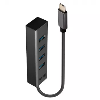 Lindy Hub USB 3.2 Type-C de 4 portas, USB 3.2 Gen 1 (3.1 Gen 1) Type-C, USB 3.2 Gen 1 (3.1 Gen 1) Type-A, 5000 Mbit/s, cinzento, alumínio, plástico, 0,3 m