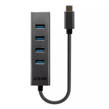 Lindy Hub USB 3.2 Type-C de 4 portas, USB 3.2 Gen 1 (3.1 Gen 1) Type-C, USB 3.2 Gen 1 (3.1 Gen 1) Type-A, 5000 Mbit/s, cinzento, alumínio, plástico, 0,3 m