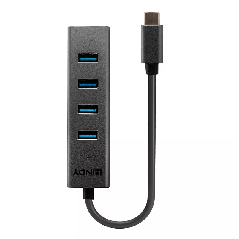Lindy 43325 hub USB 3.2 Gen 1 Type-C de 4 portas, 4x USB-A, 5 Gbps, cinzento, alumínio/plástico