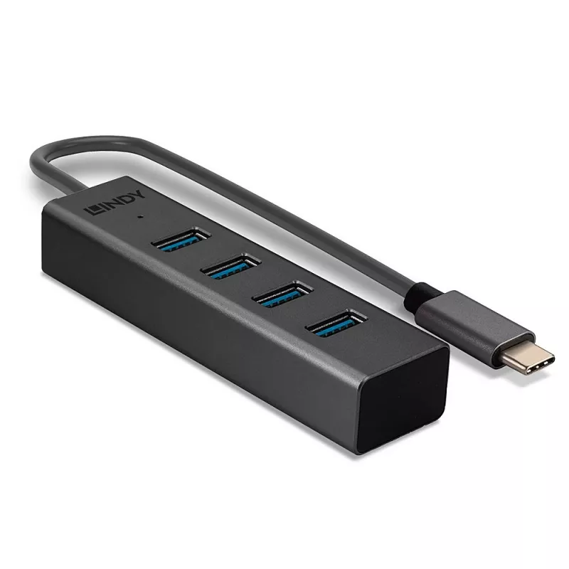 Lindy 43325 hub USB 3.2 Gen 1 Type-C de 4 portas, 4x USB-A, 5 Gbps, cinzento, alumínio/plástico
