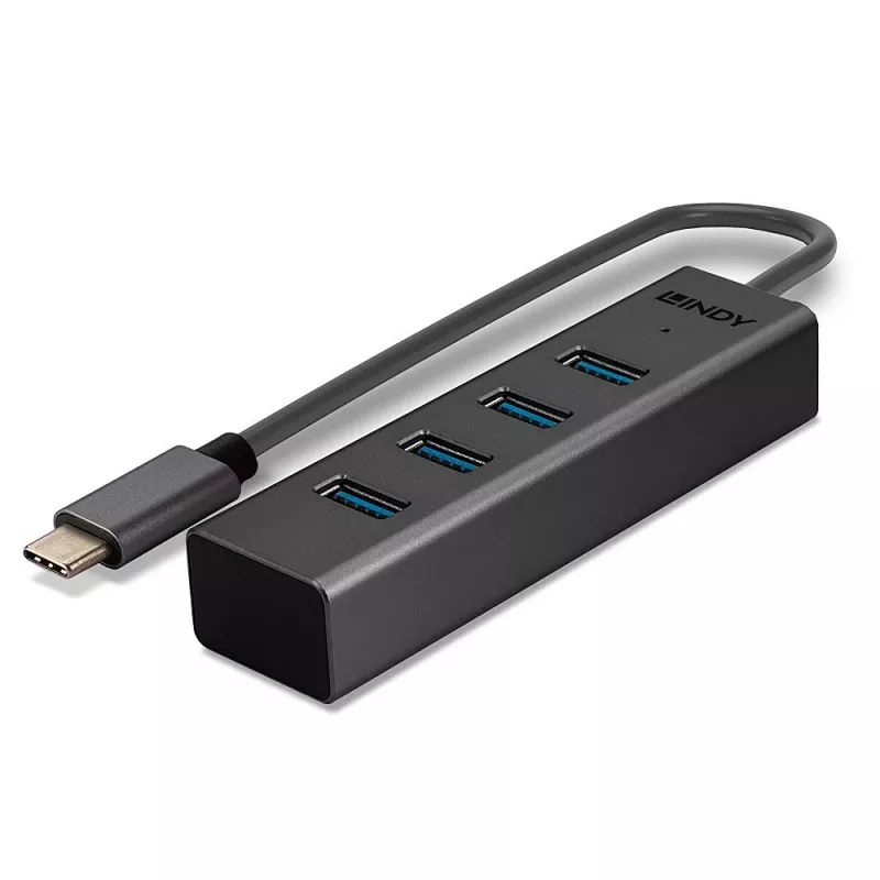 Lindy 43325 hub USB 3.2 Gen 1 Type-C de 4 portas, 4x USB-A, 5 Gbps, cinzento, alumínio/plástico