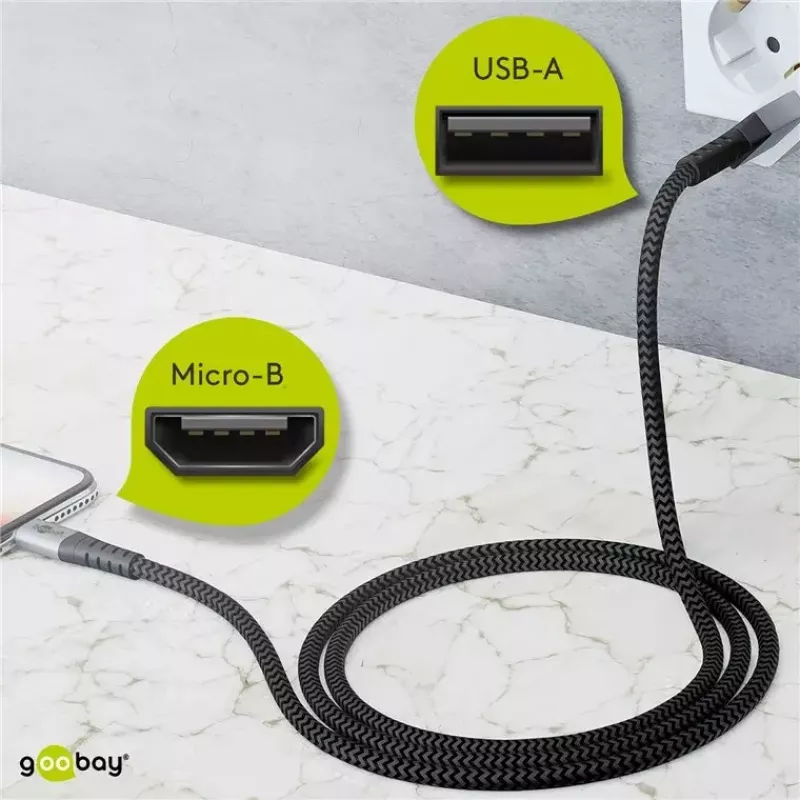 Cabo USB Wentronic 49282 USB 2.0 1 m Micro-USB B USB A preto cinzento