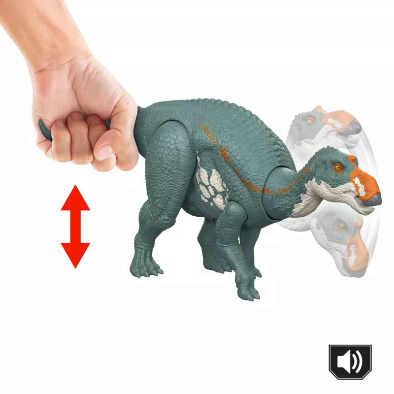 Brinquedo de dinossauro Jurassic World Rebirth Wild Roar Maiasaura, mordida de ataque controlada pela cauda e som