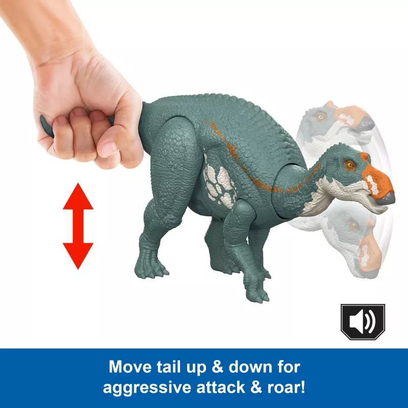 Brinquedo de dinossauro Jurassic World Rebirth Wild Roar Maiasaura, mordida de ataque controlada pela cauda e som