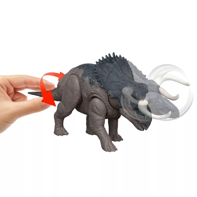 Brinquedo de dinossauro Jurassic World Rebirth Wild Roar Nasutoceratops, mordida de ataque controlada pela cauda e som
